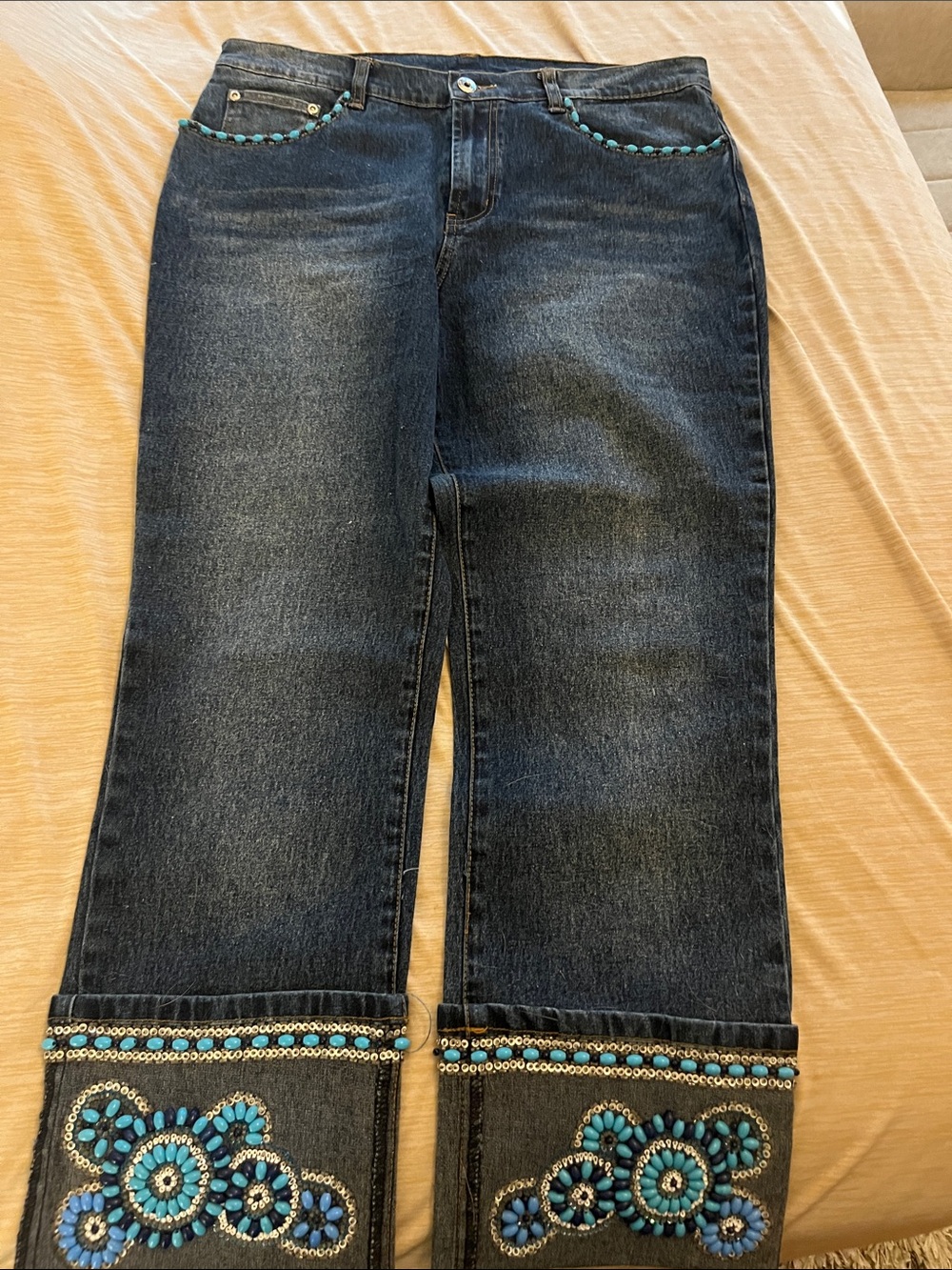 Dark Wash Jeans with Turquoise Beaded Embellishment